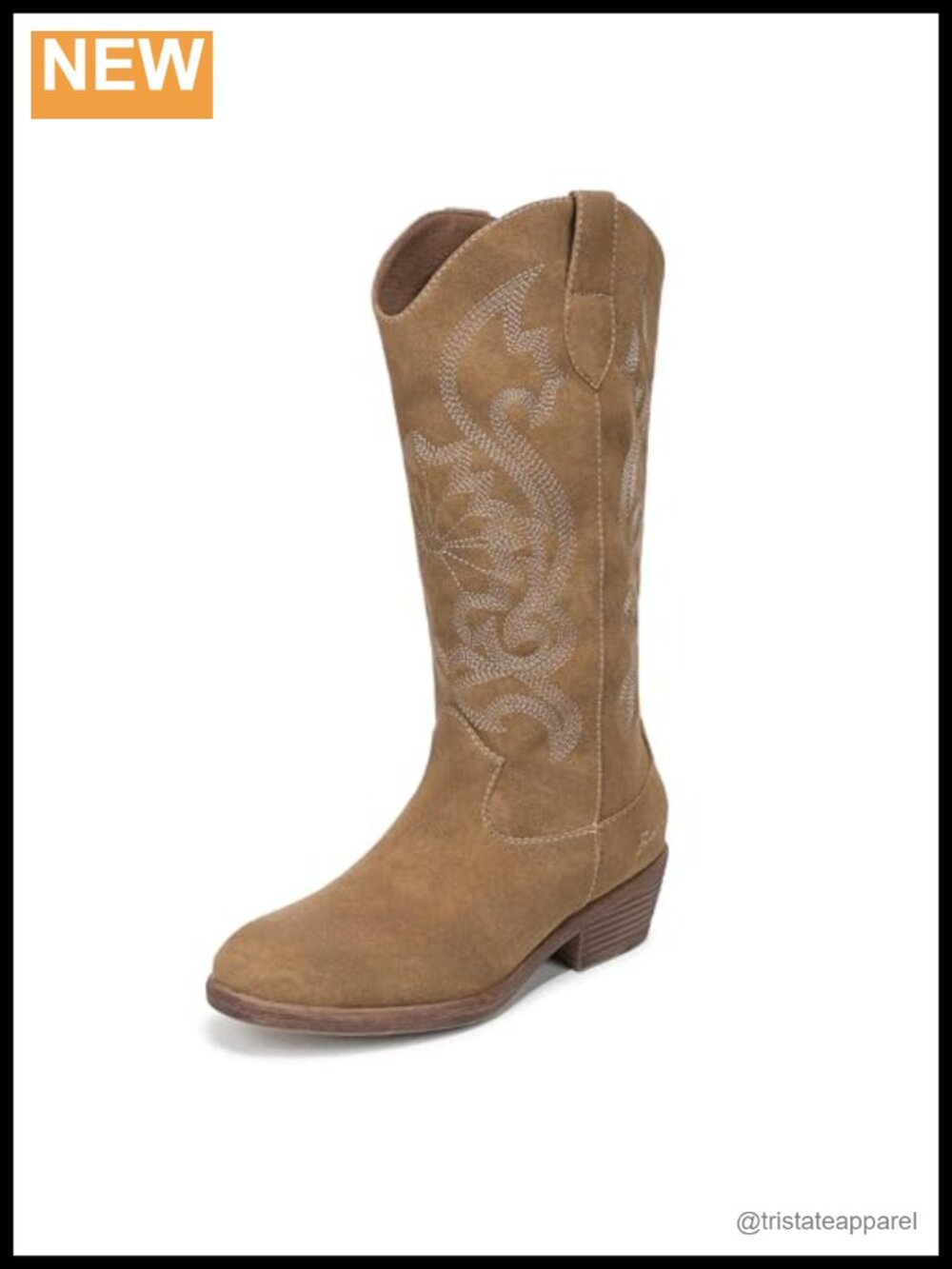 Faux Suede Western Boots with Embroidery, Tall Block Heel, Side Pull Tabs,